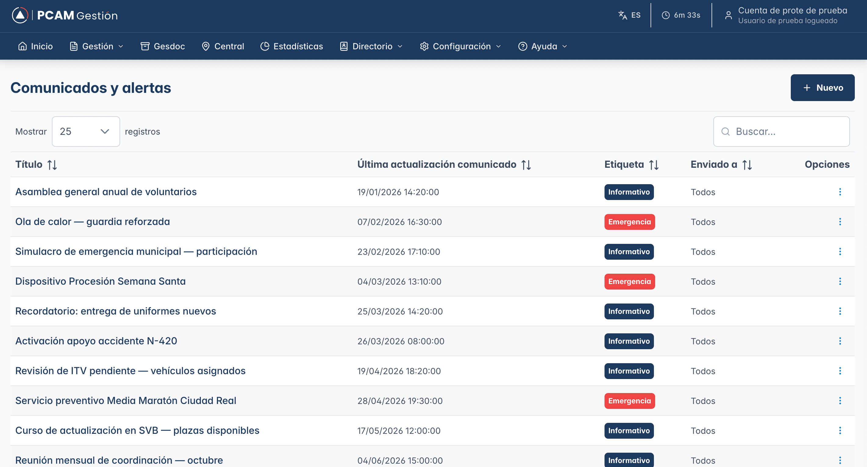 Komunikatuak eta alertak PCAM Gestión-en: abisu bakoitzaren izenburua, azken eguneratzea, etiketa (informatiboa/larrialdia) eta hartzaileak dituen zerrenda