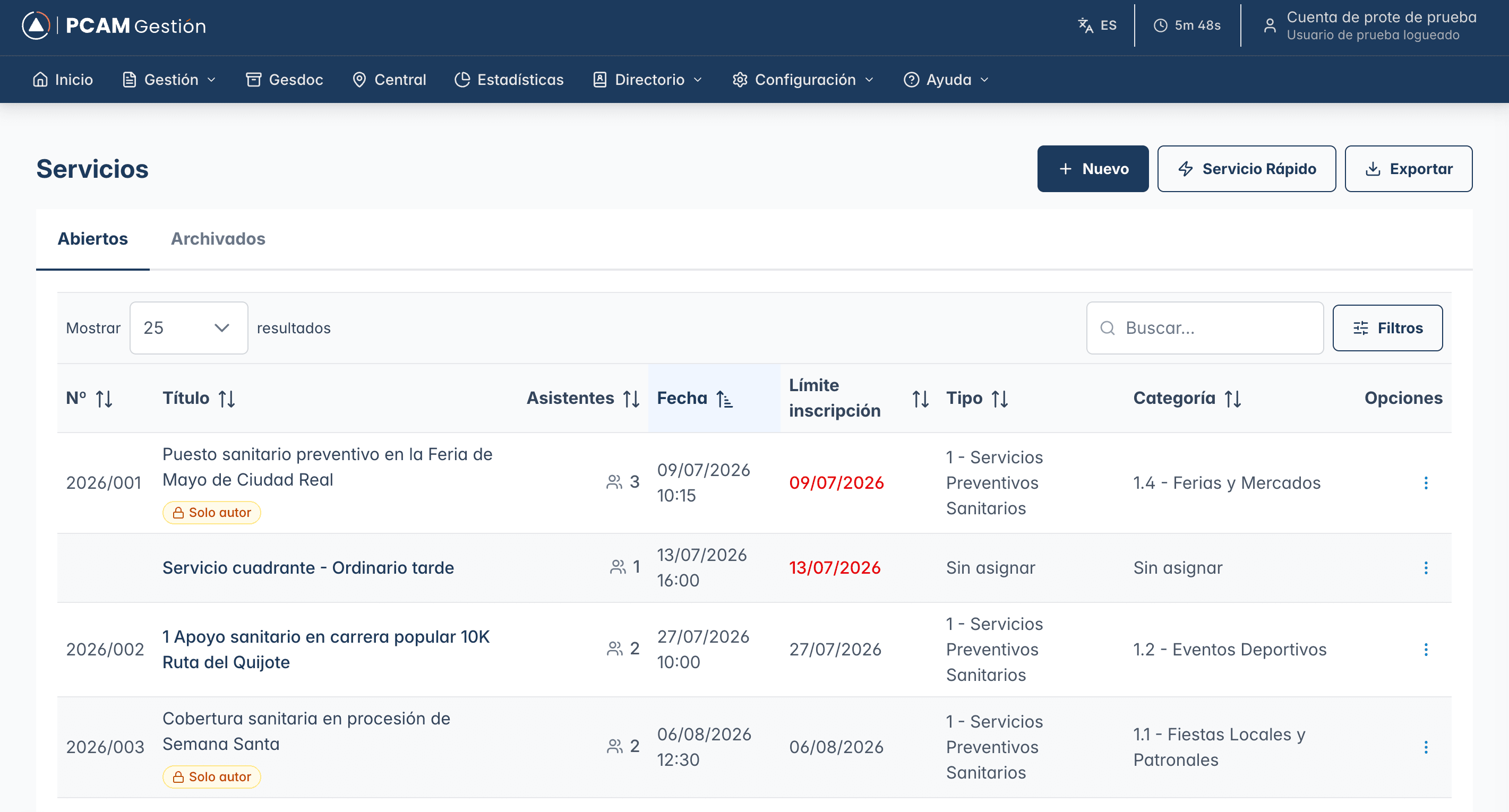 Zerbitzuen zerrenda PCAM Gestión-en: dispositibo bakoitzaren izenburua, bertaratuak, data, izena emateko epea, mota eta kategoria